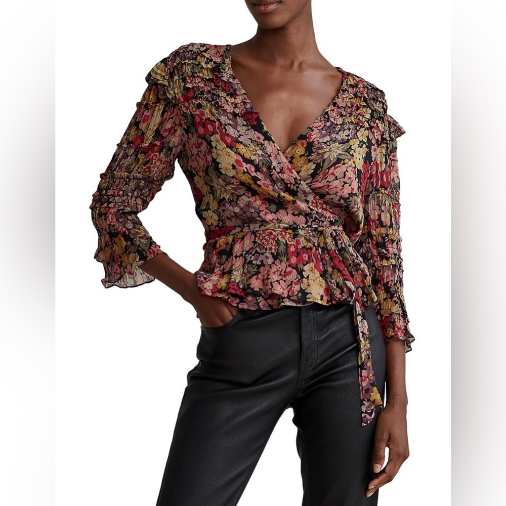 Polo by Ralph Lauren Floral Wrap Blouse in Pink, Yellow, Black - Picture 2 of 5